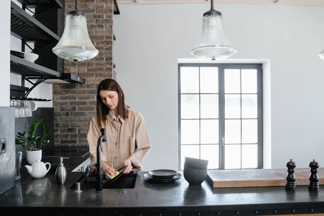 Working at a kitchen counter with the surface cleared and the tools within reach
