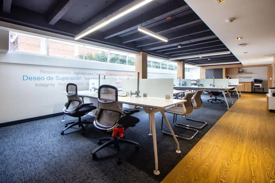 Rows of desks squared up in an open plan suite after hours